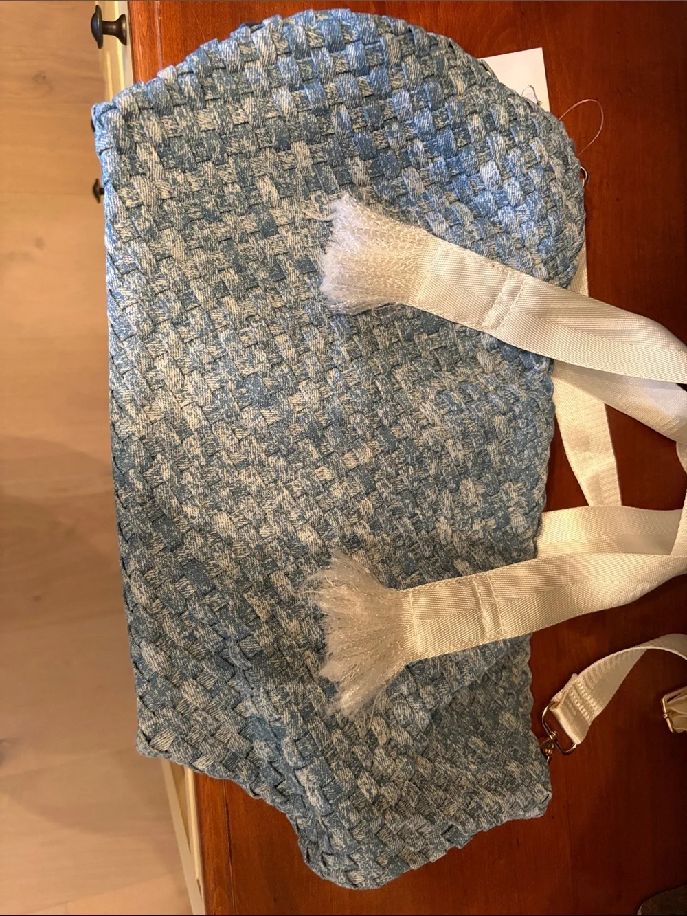 Ahdorned New York Woven Blue Shoulder Bag w/ white removable strap
